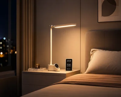 ChatGPT Images 2.0 生成的智能台灯卧室使用场景图，暖色灯光，现代极简家居风
