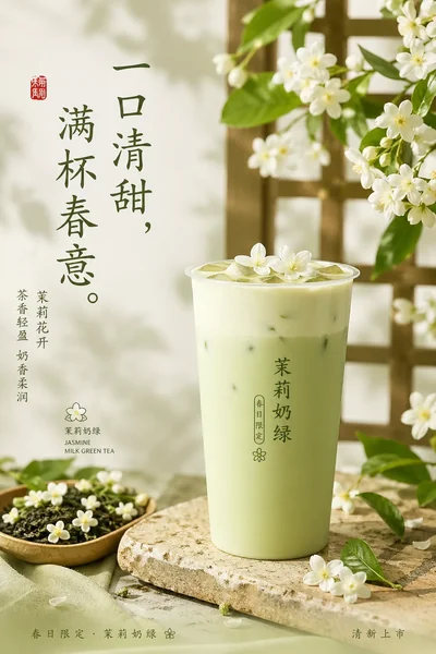 ChatGPT Images 2.0 生成的新中式茉莉奶绿茶饮海报，标题：一口清甜，满杯春意